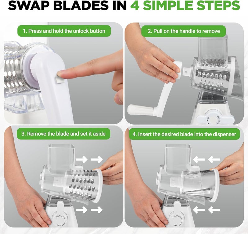 NutriChef 3 in 1 Cheese Grater & Shredder | Strong Suction Base, Rotary Handle with Safety Lock | Includes Hand Crank & 3 Drum Blades for 3 Textures, Fine, Medium & Strips | White - Image 3